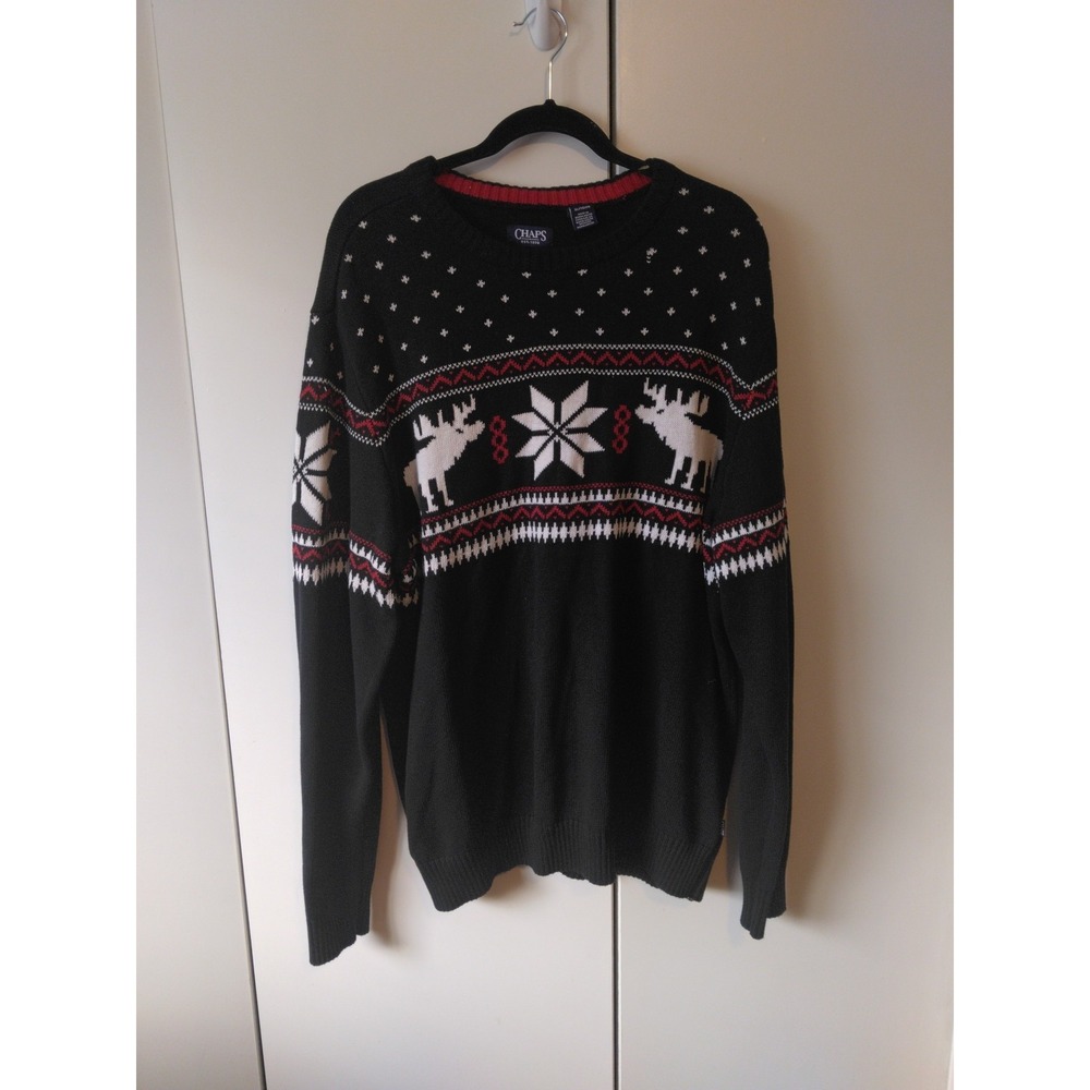 Chaps Mens Fair Isle Reindeer Sweater Size XL Black Snowflake Holiday Nordic